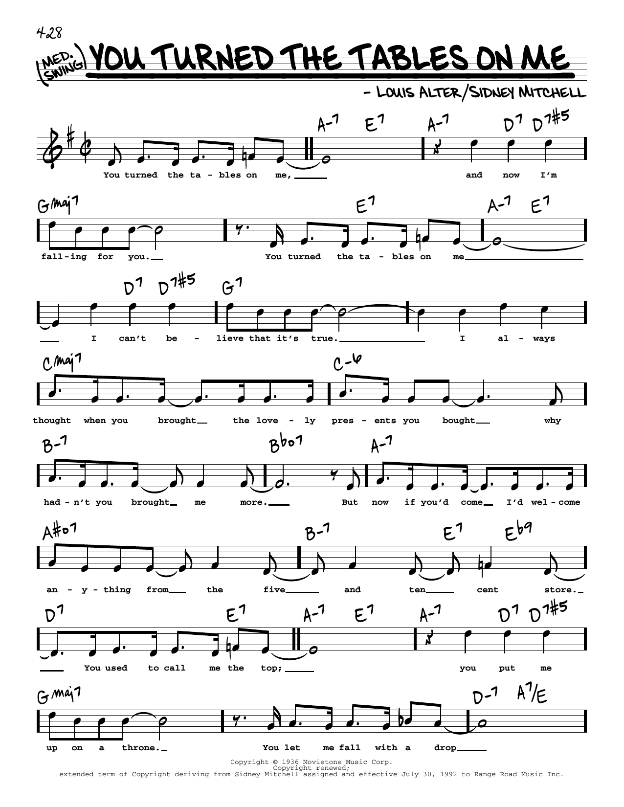 Learn to play Louis Alter and Sidney D. Mitchell You Turned The Tables On Me (High Voice) sheet music for Real Book – Melody, Lyrics & Chords in minutes. Price: 5.9900$ Louis Alter and Sidney D. Mitchell You Turned The Tables On Me (High Voice) sheet music notes and chords arranged for Real Book – Melody, Lyrics & Chords