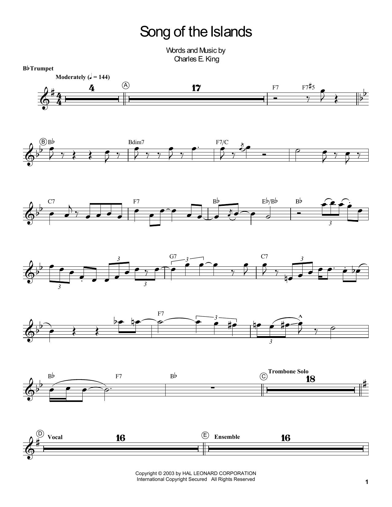 Louis Armstrong Song Of The Islands sheet music notes and chords arranged for Trumpet Transcription