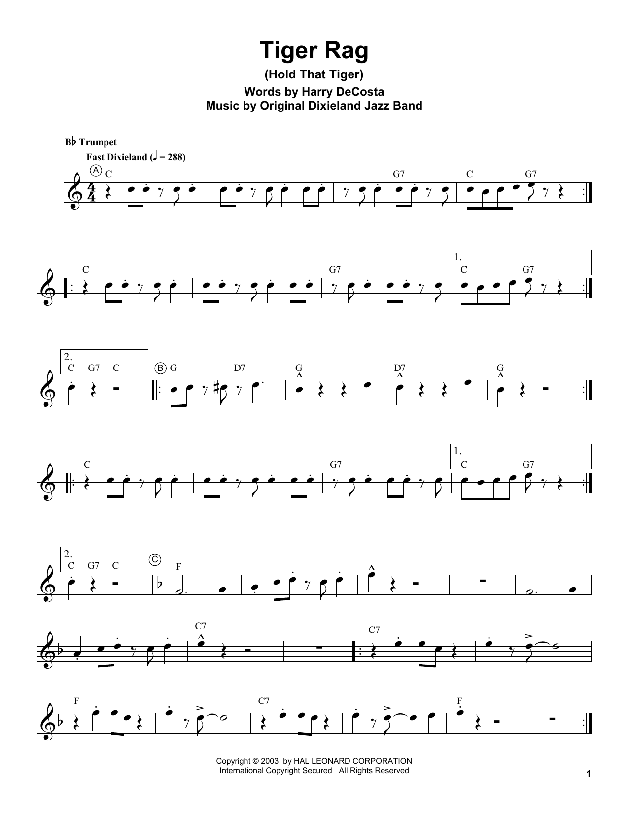 Louis Armstrong Tiger Rag (Hold That Tiger) sheet music notes and chords arranged for Trumpet Transcription