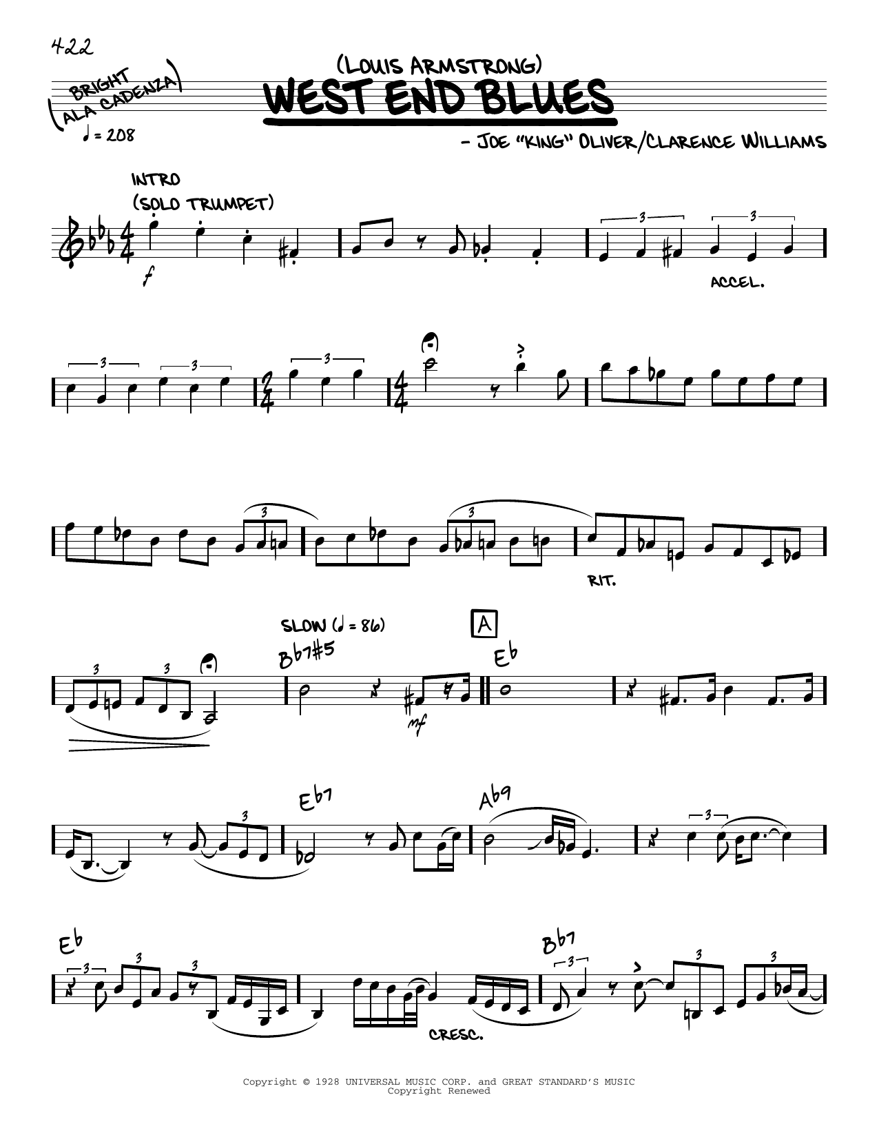 Louis Armstrong West End Blues (solo only) sheet music notes and chords. Download Printable PDF.