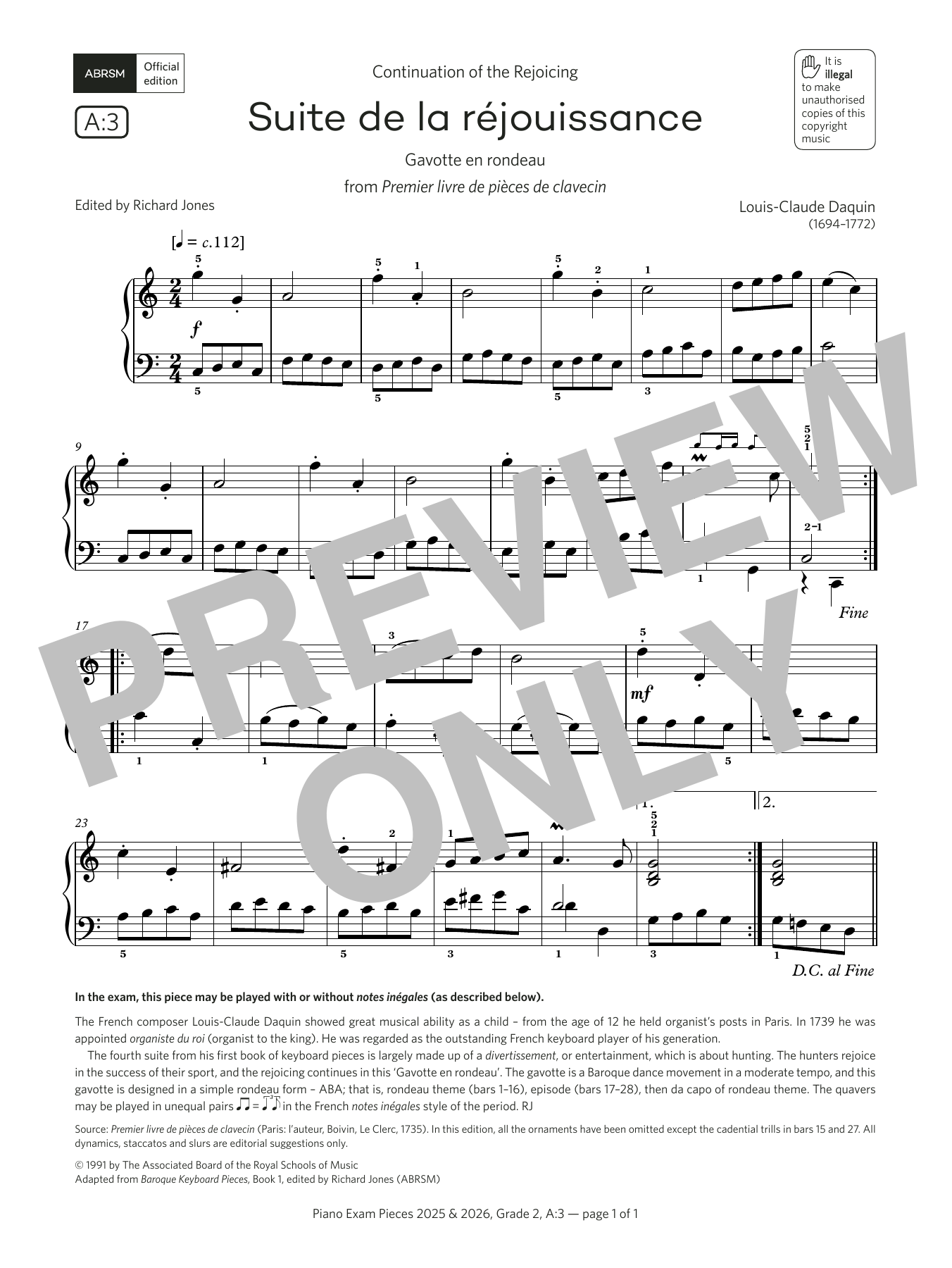 Louis-Claude Daquin Suite de la réjouissance (Grade 2, list A3, from the ABRSM Piano Syllabus 2025 & 2026) sheet music notes and chords. Download Printable PDF.