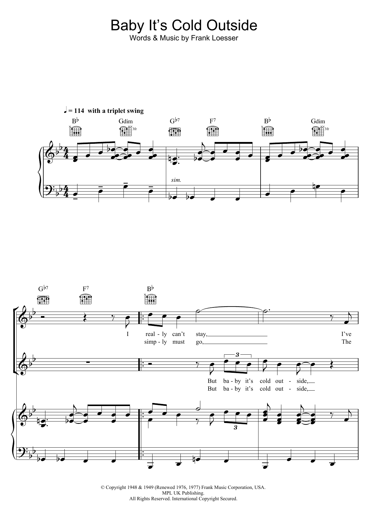 Learn to play Ella Fitzgerald & Louis Jordan Baby, It's Cold Outside sheet music for Piano, Vocal & Guitar Chords in minutes. Price: 7.8900$ Ella Fitzgerald & Louis Jordan Baby, It's Cold Outside sheet music notes and chords arranged for Piano, Vocal & Guitar Chords