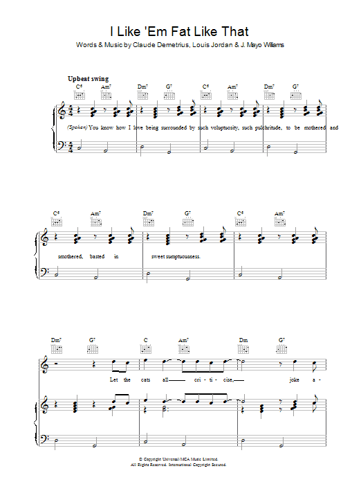 Learn to play Claude Demetrius I Like 'em Fat Like That sheet music for Piano, Vocal & Guitar Chords in minutes. Price: 7.8900$ Claude Demetrius I Like 'em Fat Like That sheet music notes and chords arranged for Piano, Vocal & Guitar Chords