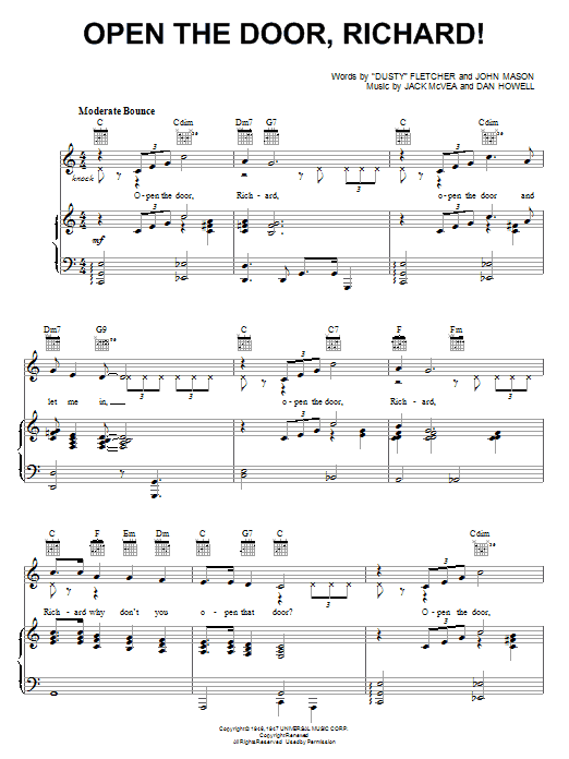 Learn to play Louis Jordan Open The Door, Richard! sheet music for Piano, Vocal & Guitar Chords in minutes. Price: 7.8900$ Louis Jordan Open The Door, Richard! sheet music notes and chords arranged for Piano, Vocal & Guitar Chords