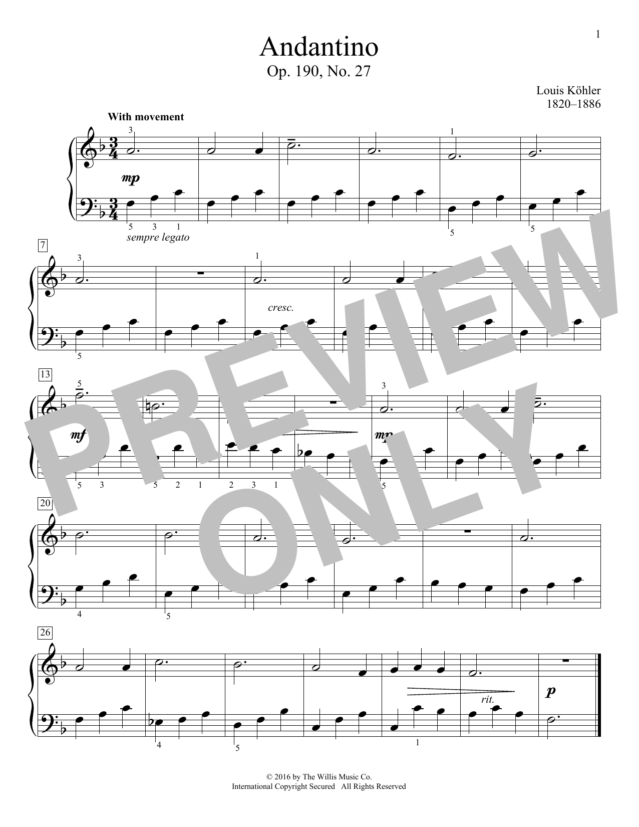 Learn to play Louis Kohler Andantino, Op. 190, No. 27 sheet music for Educational Piano in minutes. Price: 6.9900$ Louis Kohler Andantino, Op. 190, No. 27 sheet music notes and chords arranged for Educational Piano