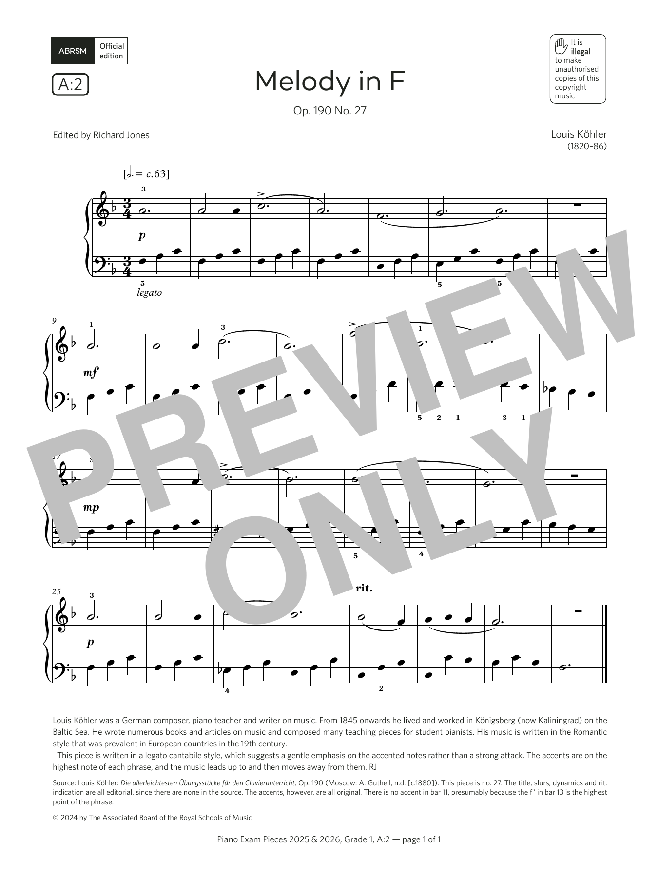 Louis Köhler Melody in F (Grade 1, list A2, from the ABRSM Piano Syllabus 2025 & 2026) sheet music notes and chords. Download Printable PDF.