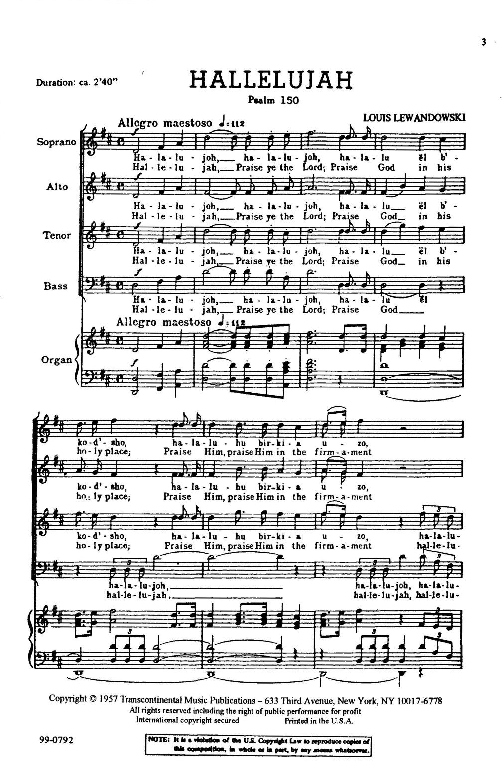 Learn to play Louis Lewandowski Hallelujah (Psalm 150) sheet music for SATB Choir in minutes. Price: 3.9900$ Louis Lewandowski Hallelujah (Psalm 150) sheet music notes and chords arranged for SATB Choir