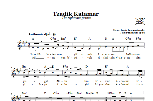 Learn to play Louis Lewandowski Tzadik Katamar (The Righteous Person) sheet music for Lead Sheet / Fake Book in minutes. Price: 5.9900$ Louis Lewandowski Tzadik Katamar (The Righteous Person) sheet music notes and chords arranged for Lead Sheet / Fake Book