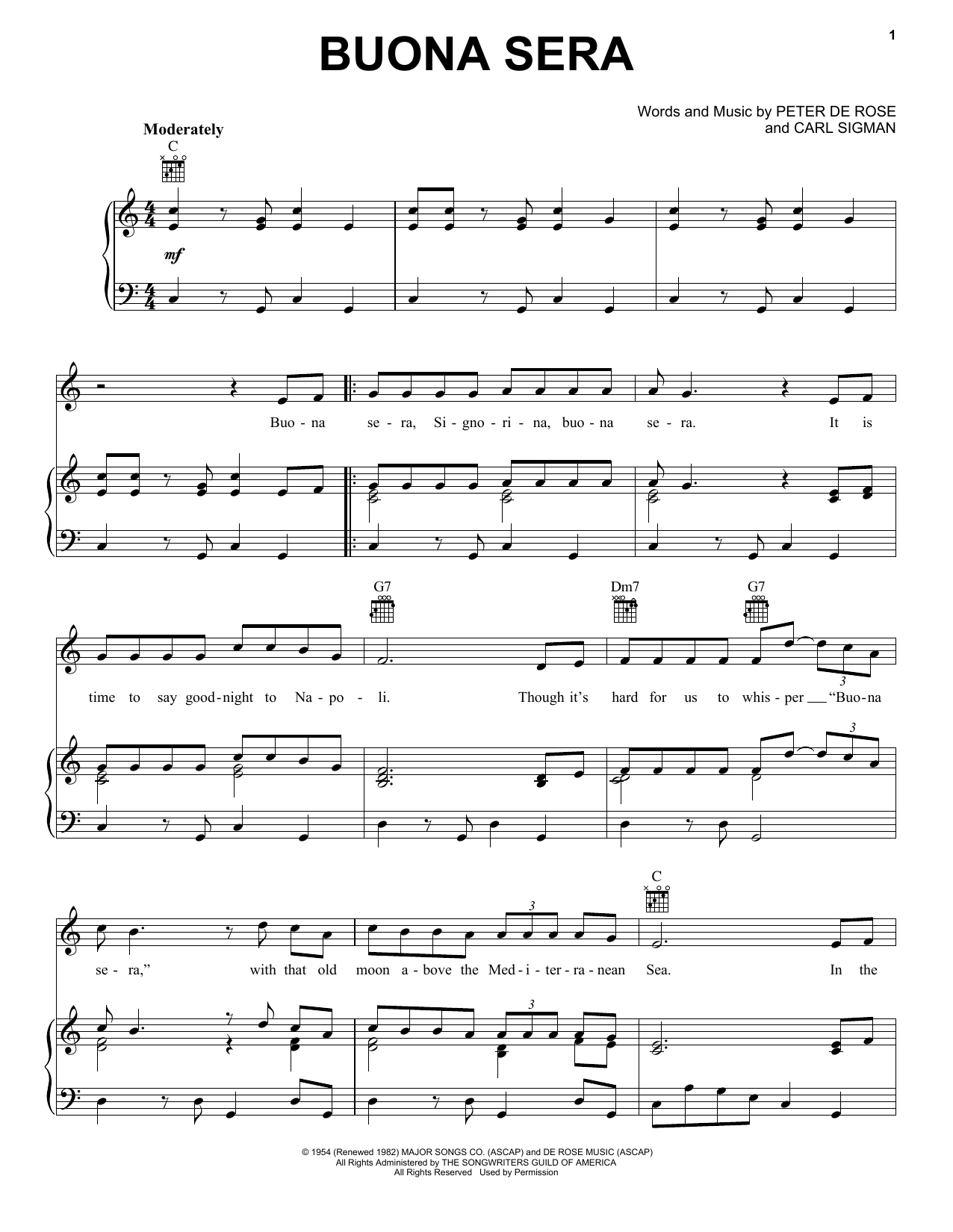 Learn to play Louis Prima Buona Sera sheet music for Piano, Vocal & Guitar Chords (Right-Hand Melody) in minutes. Price: 7.8900$ Louis Prima Buona Sera sheet music notes and chords arranged for Piano, Vocal & Guitar Chords (Right-Hand Melody)