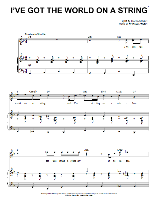 Learn to play Louis Prima I've Got The World On A String sheet music for Piano & Vocal in minutes. Price: 6.9900$ Louis Prima I've Got The World On A String sheet music notes and chords arranged for Piano & Vocal