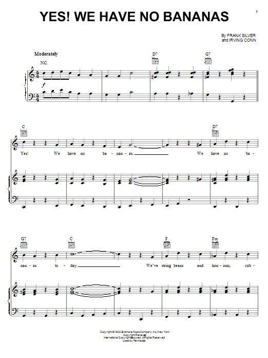 Learn to play Louis Prima Yes! We Have No Bananas sheet music for Piano, Vocal & Guitar Chords (Right-Hand Melody) in minutes. Price: 7.8900$ Louis Prima Yes! We Have No Bananas sheet music notes and chords arranged for Piano, Vocal & Guitar Chords (Right-Hand Melody)