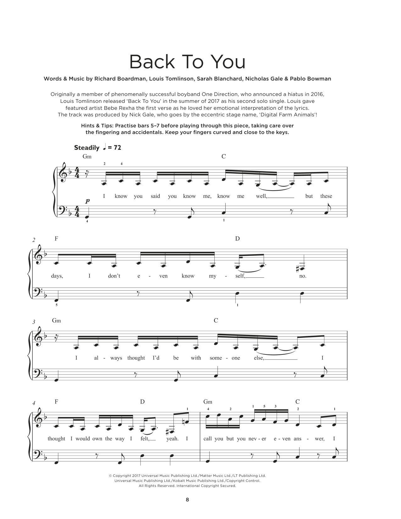 Learn to play Louis Tomlinson Back To You (feat. Bebe Rexha & Digital Farm Animals) sheet music for Really Easy Piano in minutes. Price: 6.9900$ Louis Tomlinson Back To You (feat. Bebe Rexha & Digital Farm Animals) sheet music notes and chords arranged for Really Easy Piano