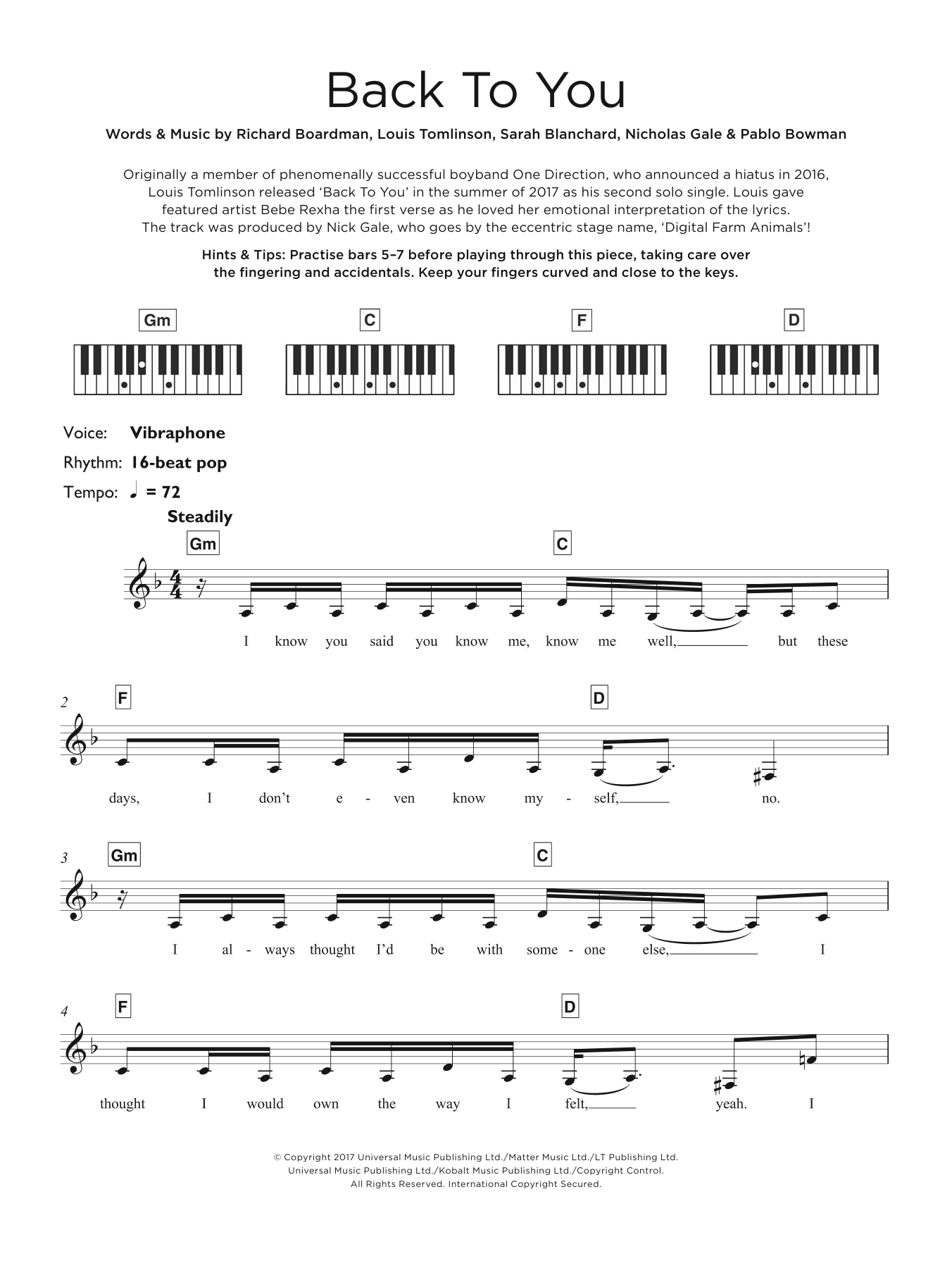 Louis Tomlinson Back To You (feat. Bebe Rexha & Digital Farm Animals) sheet music notes and chords. Download Printable PDF.