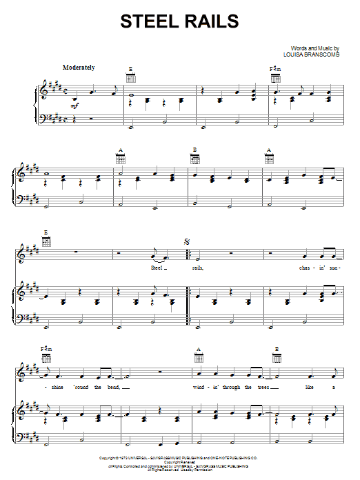 Learn to play Louisa Branscomb Steel Rails sheet music for Piano, Vocal & Guitar Chords (Right-Hand Melody) in minutes. Price: 7.8900$ Louisa Branscomb Steel Rails sheet music notes and chords arranged for Piano, Vocal & Guitar Chords (Right-Hand Melody)