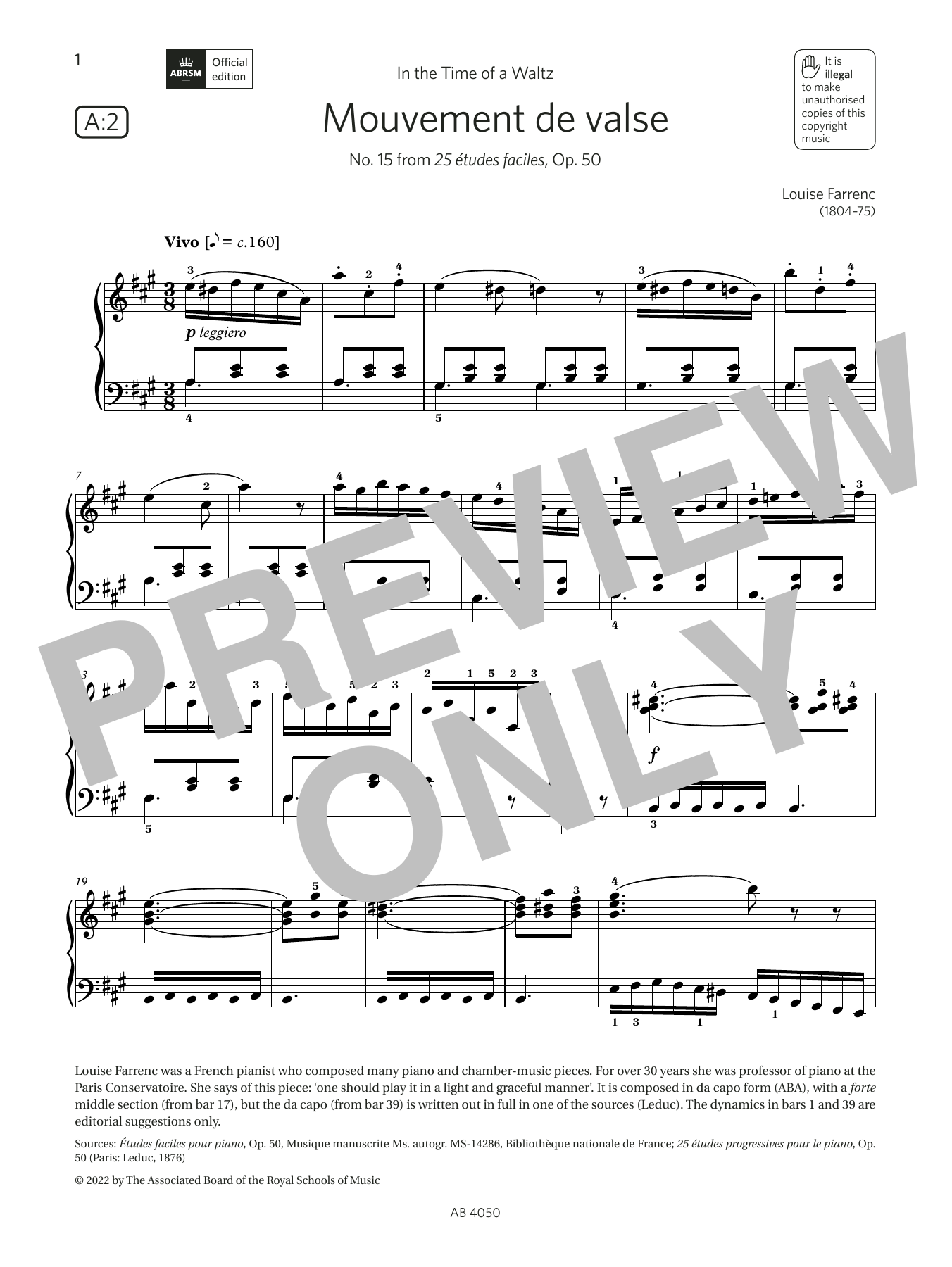 Louise Farrenc Mouvement de valse (Grade 4, list A2, from the ABRSM Piano Syllabus 2023 & 2024) sheet music notes and chords. Download Printable PDF.