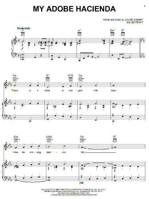Learn to play Louise Massey My Adobe Hacienda sheet music for Piano, Vocal & Guitar Chords (Right-Hand Melody) in minutes. Price: 7.8900$ Louise Massey My Adobe Hacienda sheet music notes and chords arranged for Piano, Vocal & Guitar Chords (Right-Hand Melody)