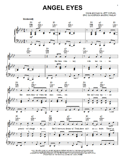 Love And Theft Angel Eyes sheet music notes and chords arranged for Piano, Vocal & Guitar Chords (Right-Hand Melody)