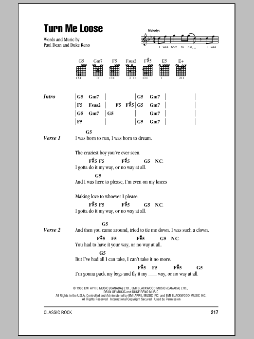 Loverboy Turn Me Loose sheet music notes and chords. Download Printable PDF.