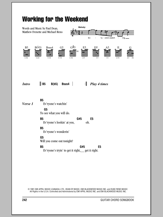 Loverboy Working For The Weekend sheet music notes and chords. Download Printable PDF.