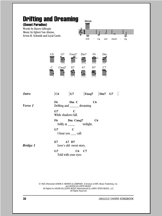 Loyal Curtis Drifting And Dreaming (Sweet Paradise) sheet music notes and chords arranged for Ukulele Chords/Lyrics