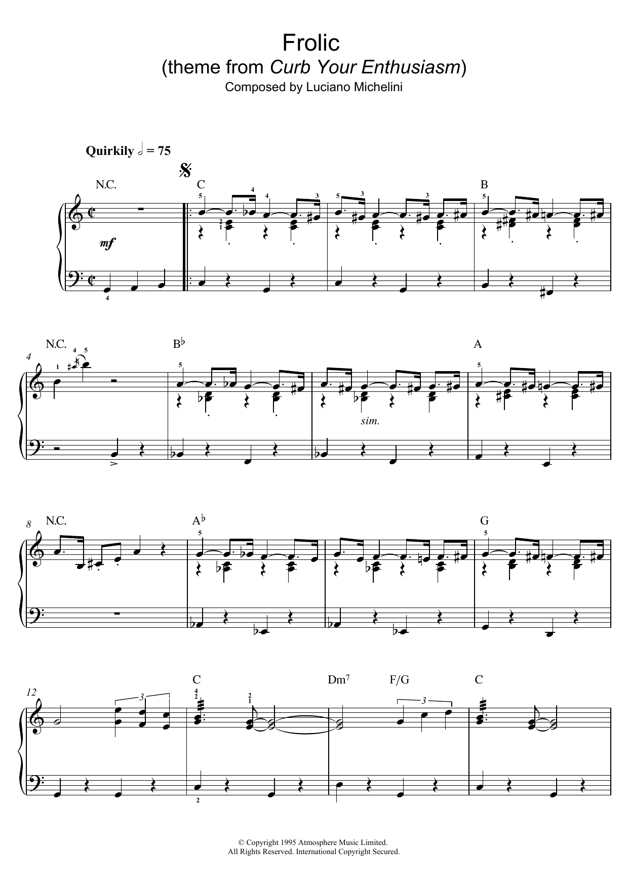 Luciano Michelini Frolic (theme from Curb Your Enthusiasm) sheet music notes and chords arranged for Piano Chords/Lyrics