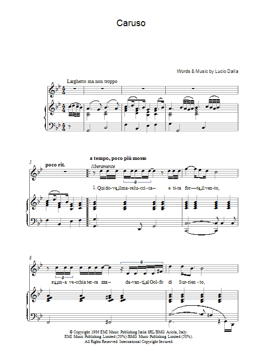 Luciano Pavarotti Caruso sheet music notes and chords. Download Printable PDF.