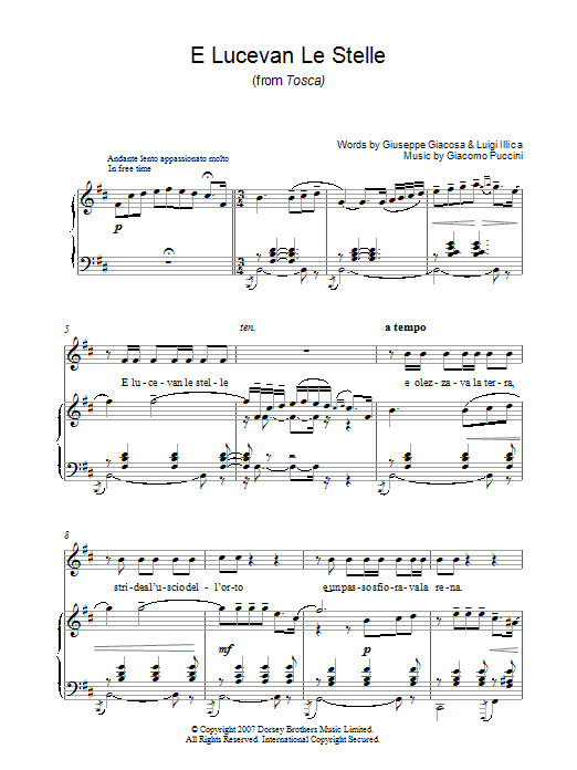 Learn to play Luciano Pavarotti E Lucevan Le Stelle (from Tosca) sheet music for Piano & Vocal in minutes. Price: 7.8900$ Luciano Pavarotti E Lucevan Le Stelle (from Tosca) sheet music notes and chords arranged for Piano & Vocal