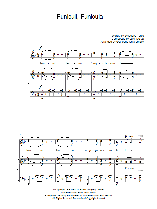 Luciano Pavarotti Funiculi, Funicula sheet music notes and chords. Download Printable PDF.