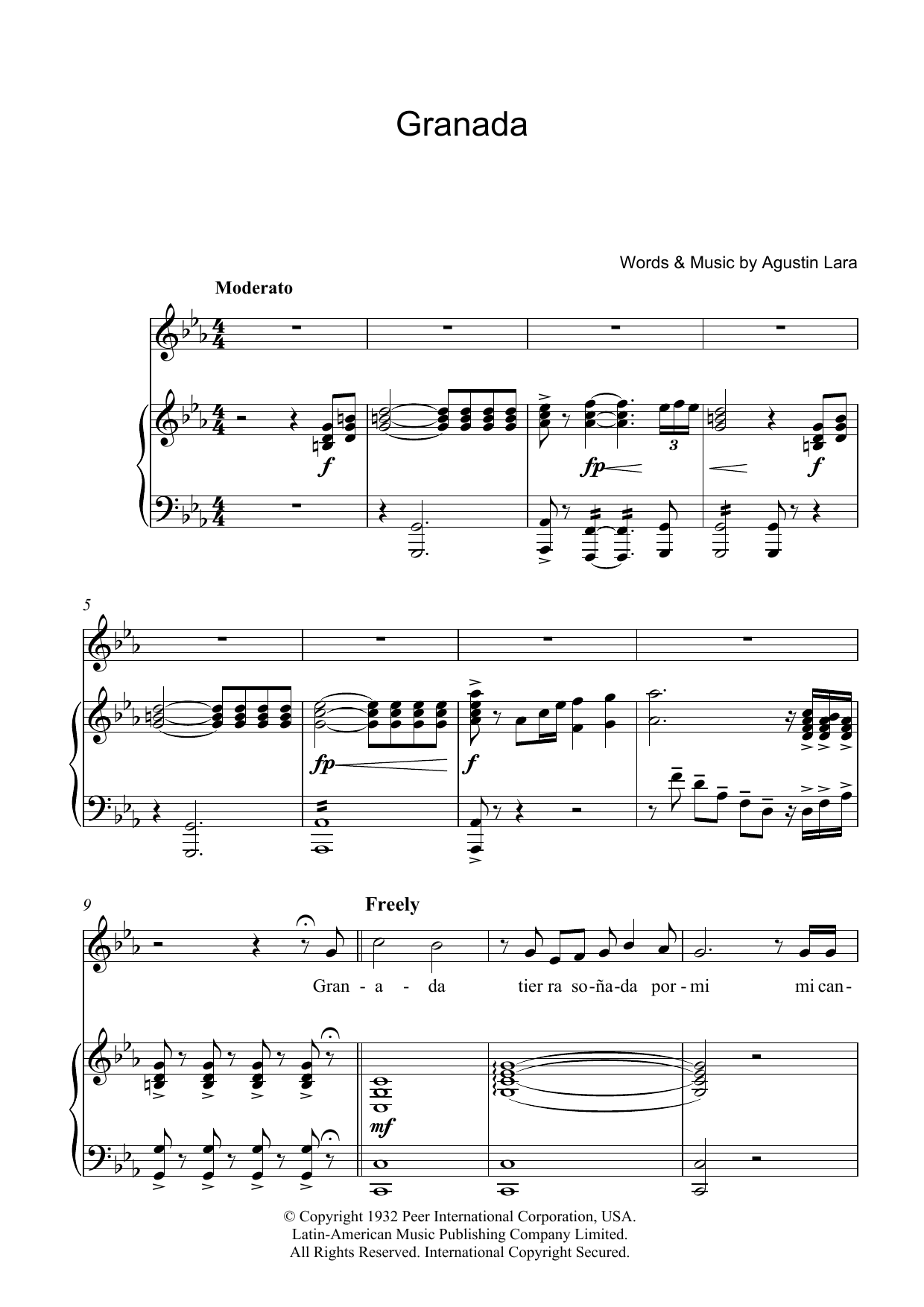 Luciano Pavarotti Granada sheet music notes and chords arranged for Piano, Vocal & Guitar Chords