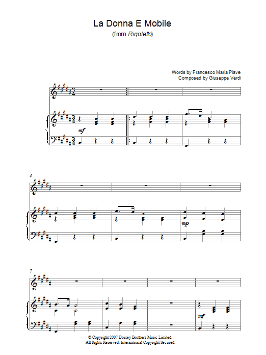 Learn to play Luciano Pavarotti La Donna E Mobile (from Rigoletto) sheet music for Piano, Vocal & Guitar Chords in minutes. Price: 7.8900$ Luciano Pavarotti La Donna E Mobile (from Rigoletto) sheet music notes and chords arranged for Piano, Vocal & Guitar Chords