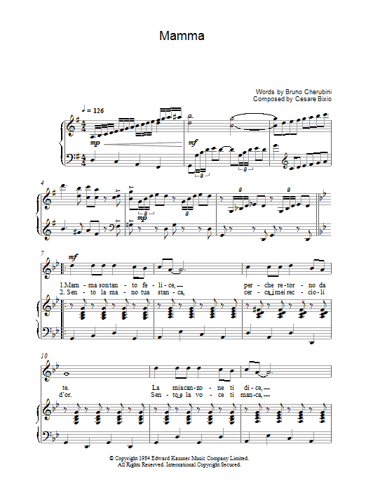 Luciano Pavarotti Mamma sheet music notes and chords arranged for Piano, Vocal & Guitar Chords
