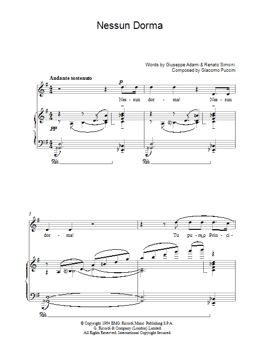 Giacomo Puccini Nessun Dorma (from Turandot) sheet music notes and chords arranged for Piano & Vocal