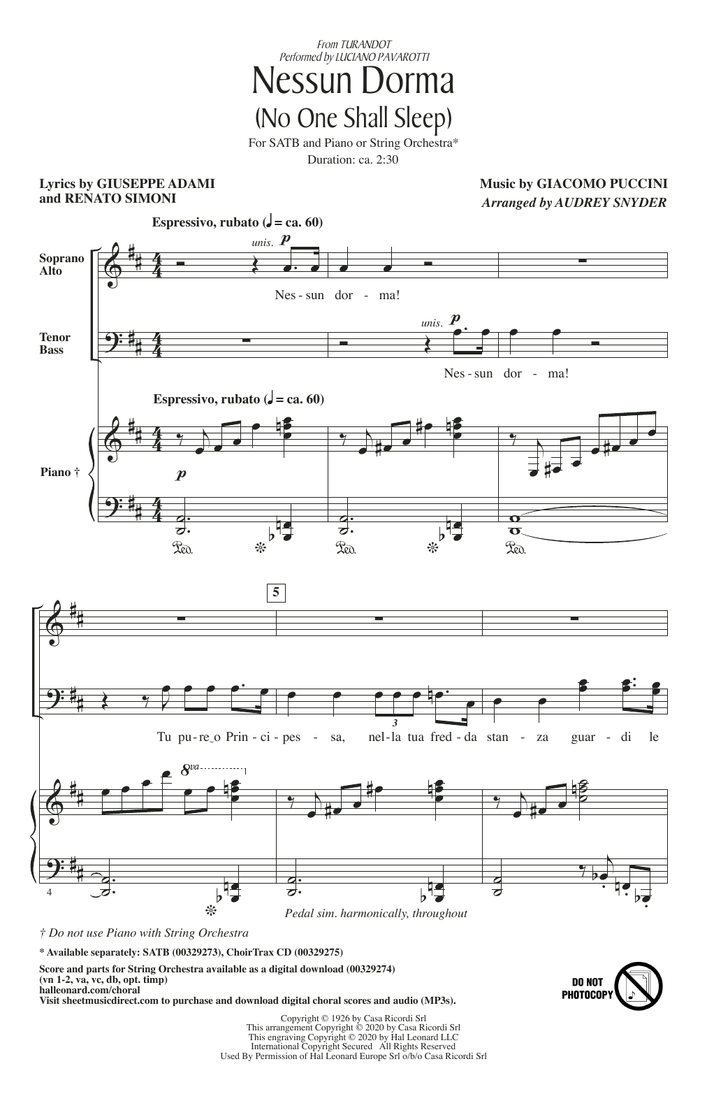 Luciano Pavarotti Nessun Dorma (No One Shall Sleep) (from Turandot) (arr. Audrey Snyder) sheet music notes and chords. Download Printable PDF.