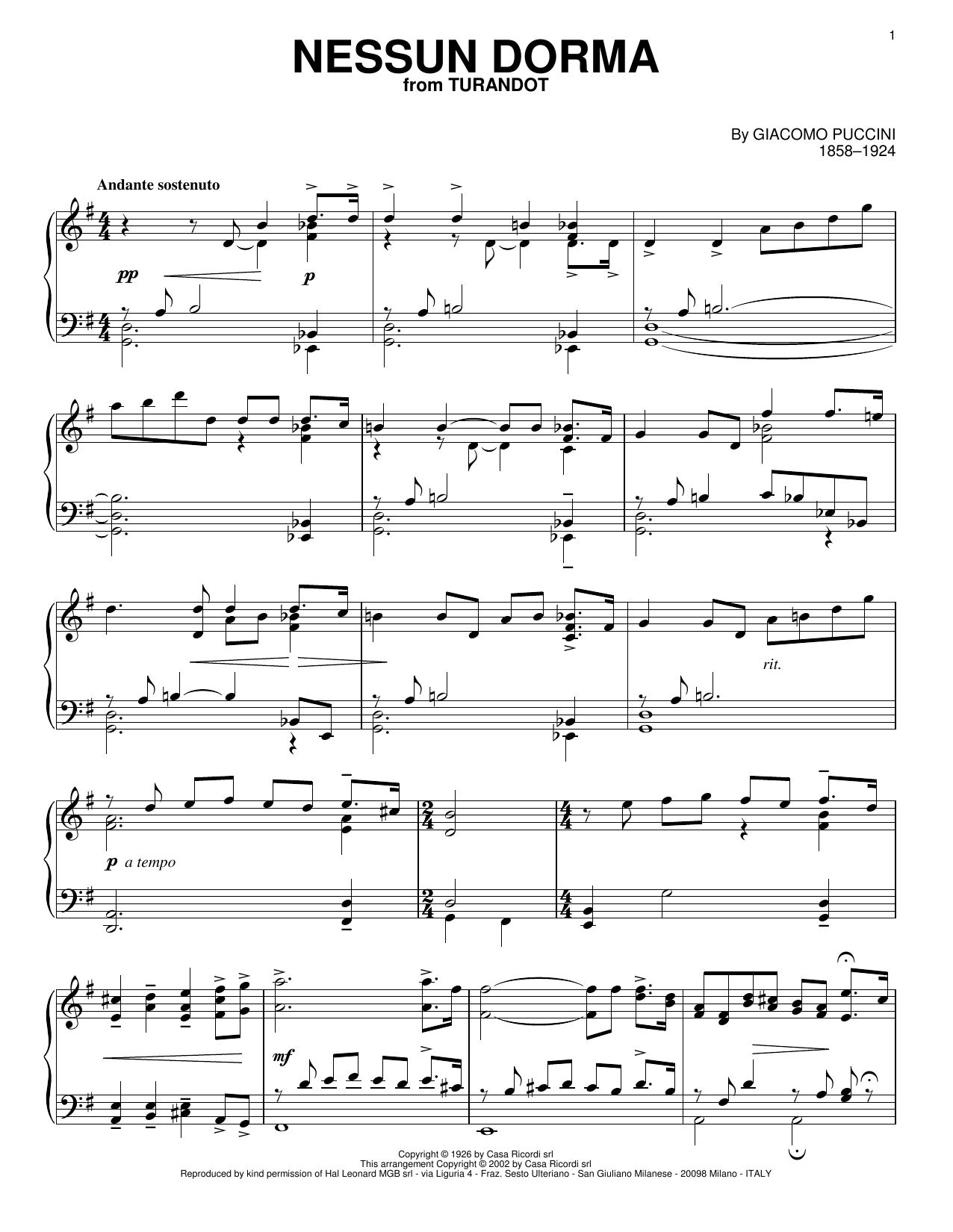 Luciano Pavarotti Nessun Dorma sheet music notes and chords arranged for Piano Solo