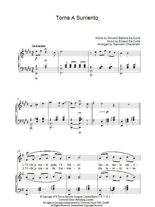 Learn to play Luciano Pavarotti Torna A Surriento sheet music for Piano, Vocal & Guitar Chords in minutes. Price: 7.8900$ Luciano Pavarotti Torna A Surriento sheet music notes and chords arranged for Piano, Vocal & Guitar Chords