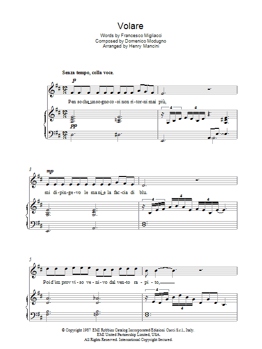 Learn to play Luciano Pavarotti Volare (Nel Blu, Dipinto Di Blu) sheet music for Piano, Vocal & Guitar Chords in minutes. Price: 7.8900$ Luciano Pavarotti Volare (Nel Blu, Dipinto Di Blu) sheet music notes and chords arranged for Piano, Vocal & Guitar Chords
