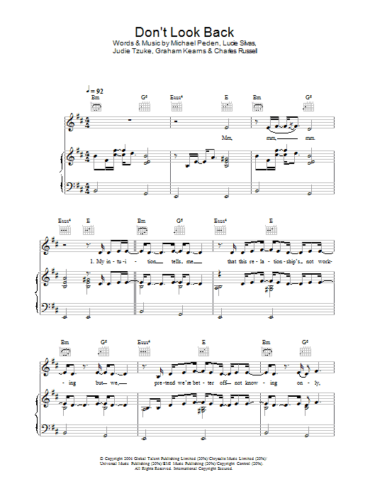 Learn to play Lucie Silvas Don't Look Back sheet music for Piano, Vocal & Guitar Chords in minutes. Price: 7.8900$ Lucie Silvas Don't Look Back sheet music notes and chords arranged for Piano, Vocal & Guitar Chords