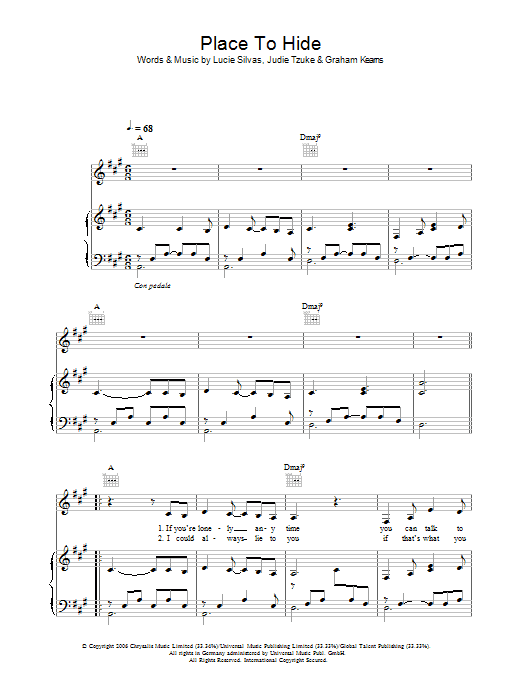 Lucie Silvas Place To Hide sheet music notes and chords. Download Printable PDF.