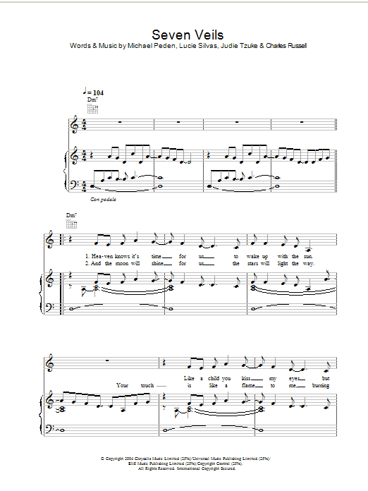 Lucie Silvas Seven Veils sheet music notes and chords arranged for Piano, Vocal & Guitar Chords