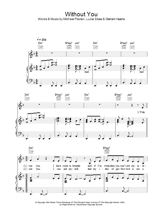 Learn to play Lucie Silvas Without You sheet music for Piano, Vocal & Guitar Chords in minutes. Price: 7.8900$ Lucie Silvas Without You sheet music notes and chords arranged for Piano, Vocal & Guitar Chords