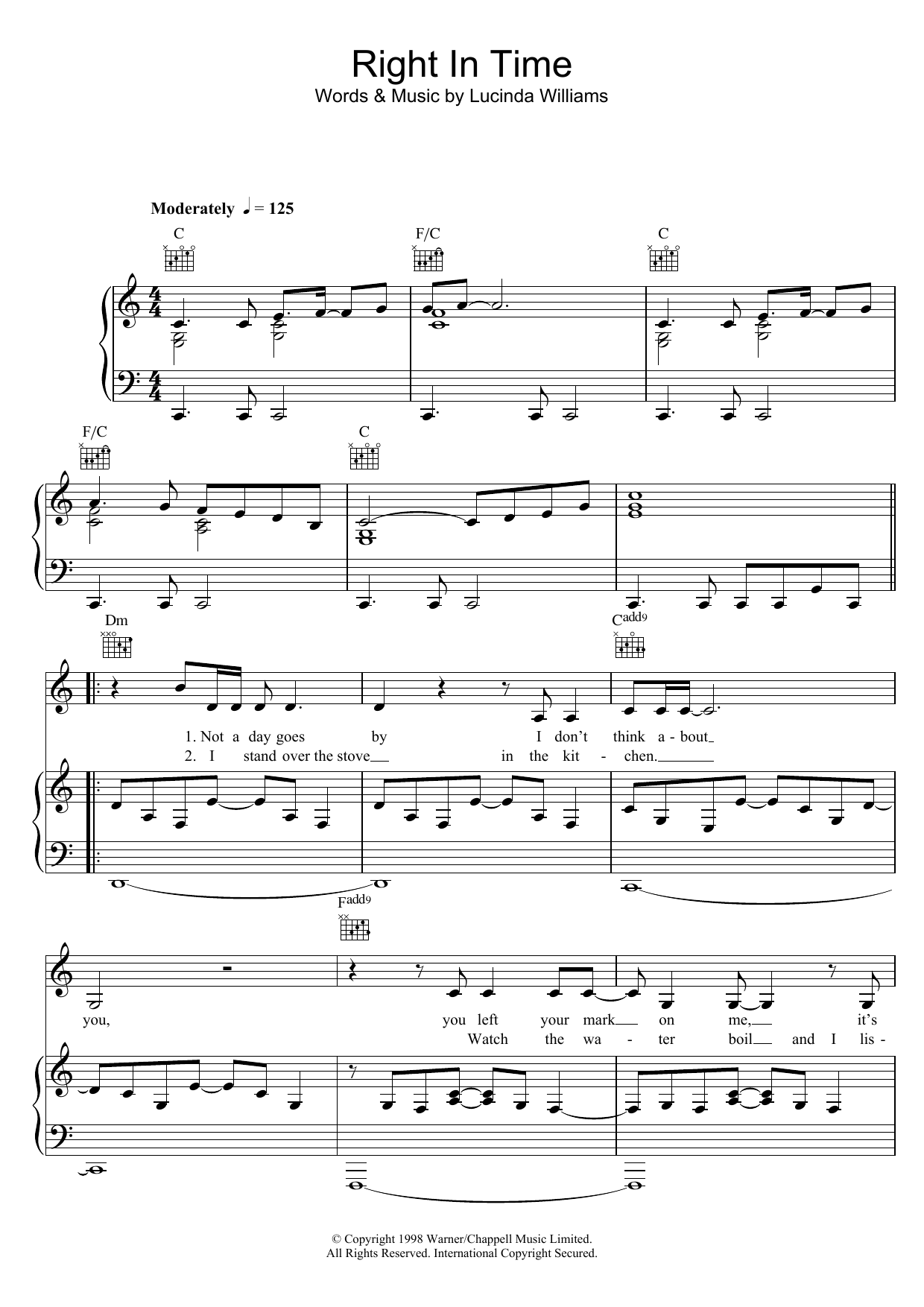 Lucinda Williams Right In Time sheet music notes and chords. Download Printable PDF.