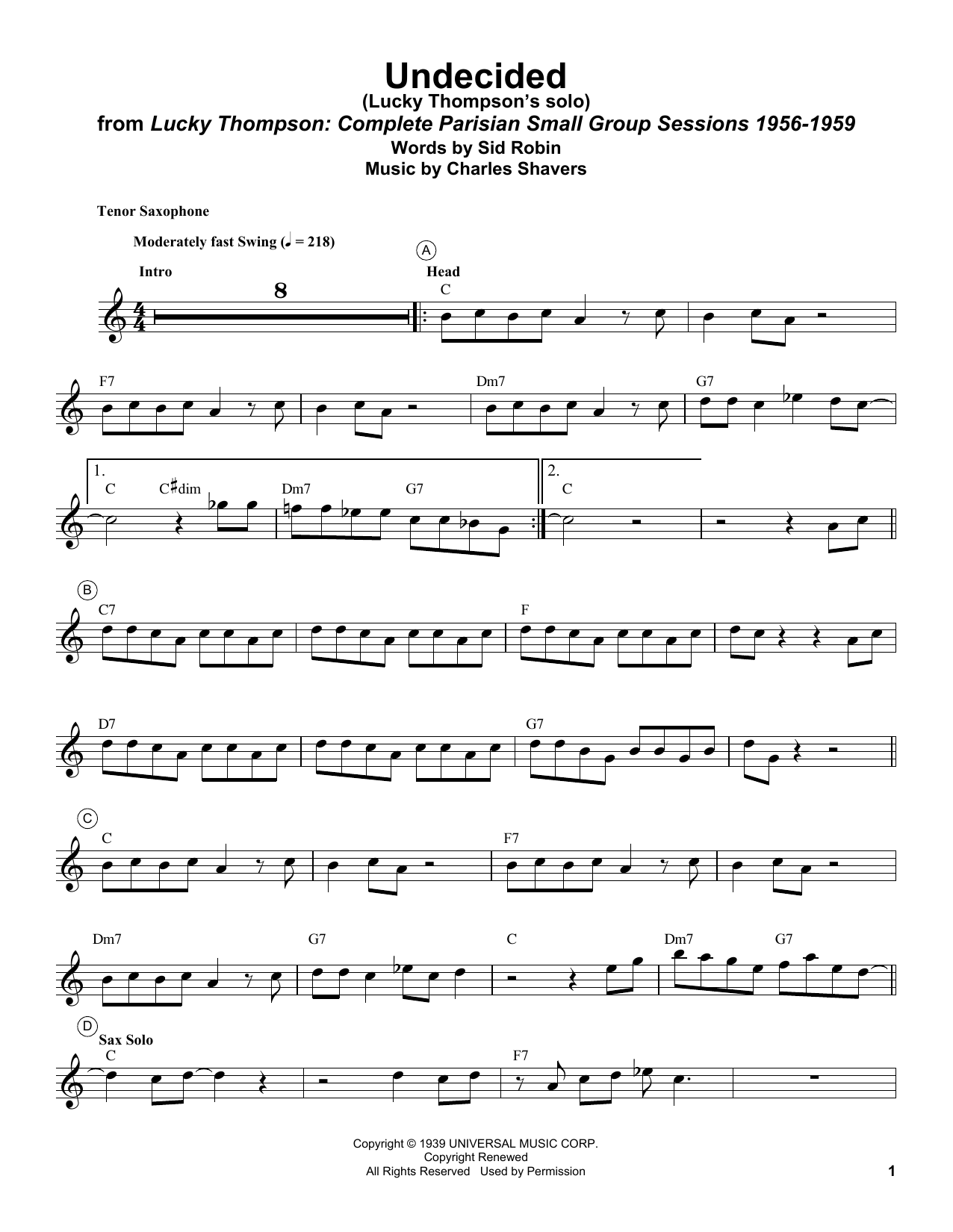 Lucky Thompson Undecided sheet music notes and chords. Download Printable PDF.