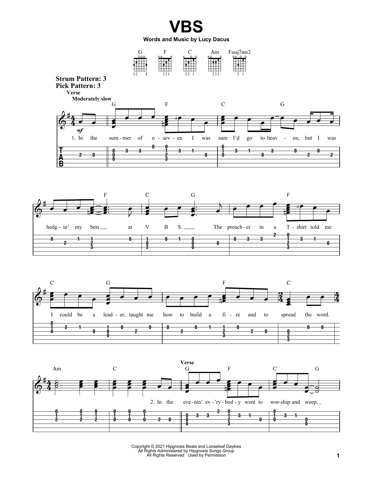 Lucy Dacus VBS sheet music notes and chords. Download Printable PDF.