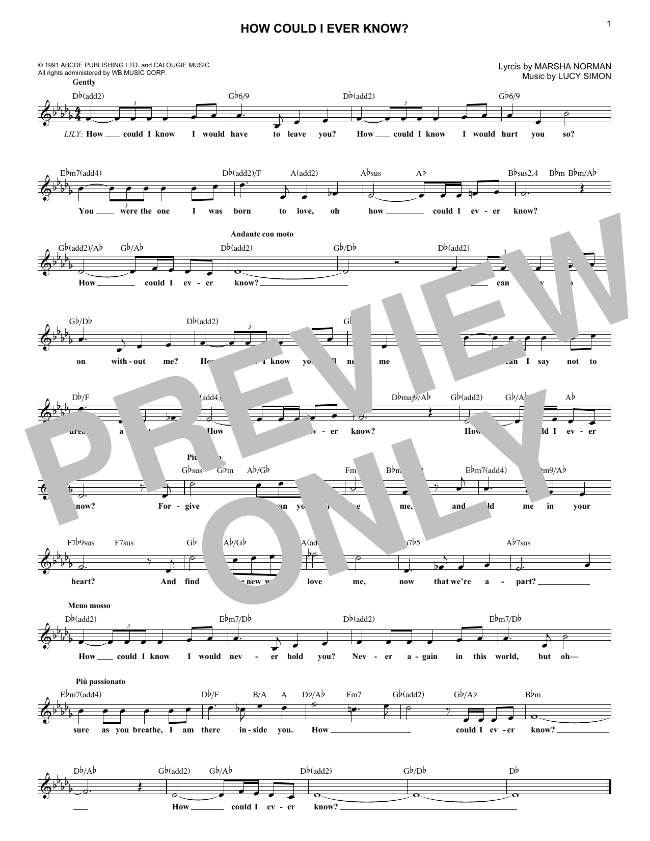 Lucy Simon How Could I Ever Know? sheet music notes and chords. Download Printable PDF.