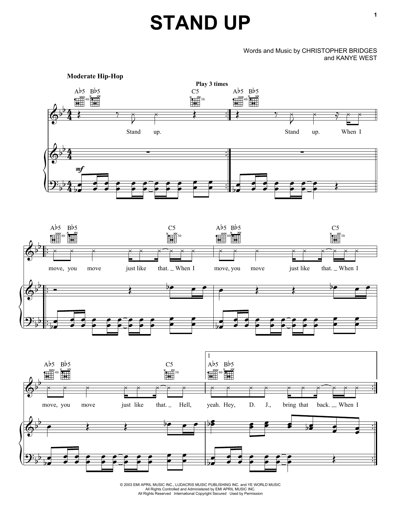 Learn to play Ludacris Stand Up sheet music for Piano, Vocal & Guitar Chords (Right-Hand Melody) in minutes. Price: 7.8900$ Ludacris Stand Up sheet music notes and chords arranged for Piano, Vocal & Guitar Chords (Right-Hand Melody)