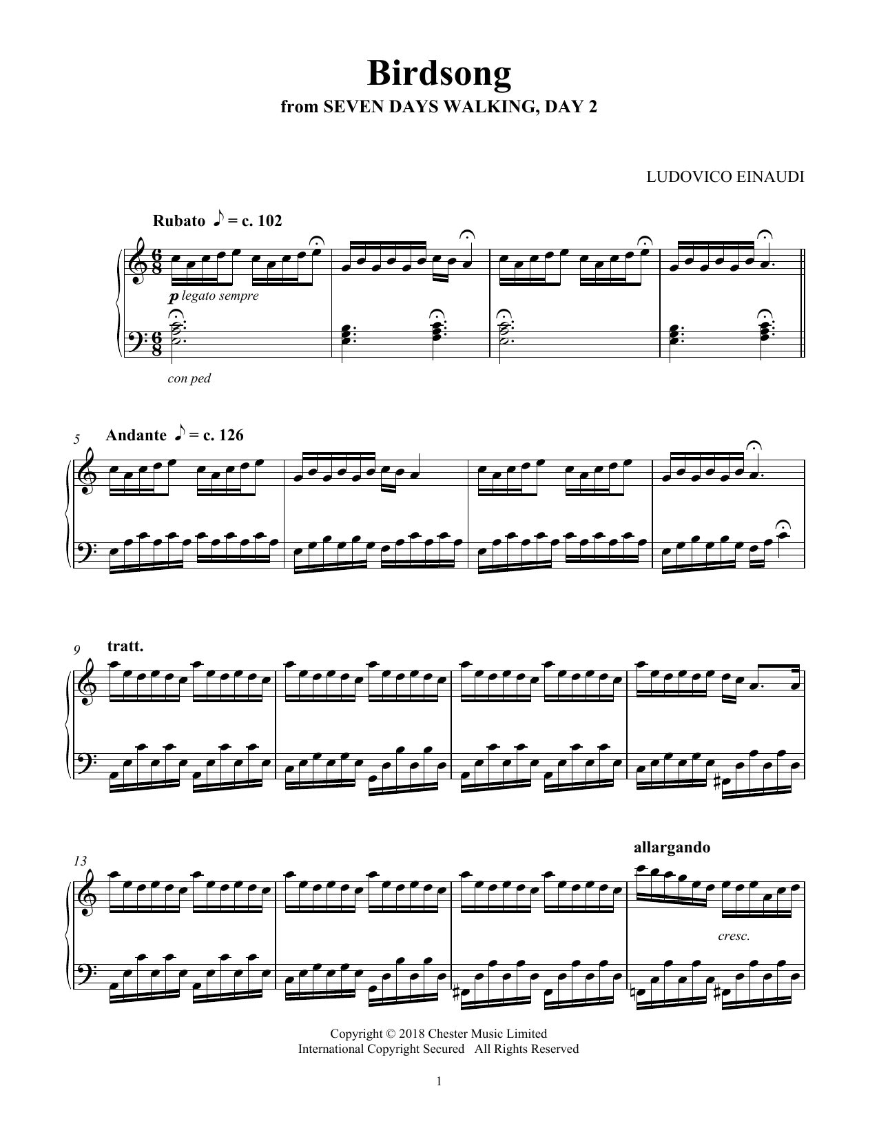 Ludovico Einaudi Birdsong (from Seven Days Walking: Day 2) sheet music notes and chords. Download Printable PDF.