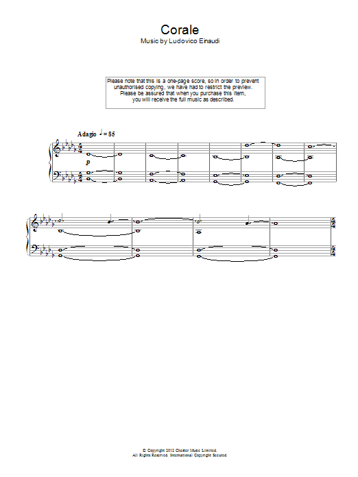 Ludovico Einaudi Corale sheet music notes and chords arranged for Piano Solo