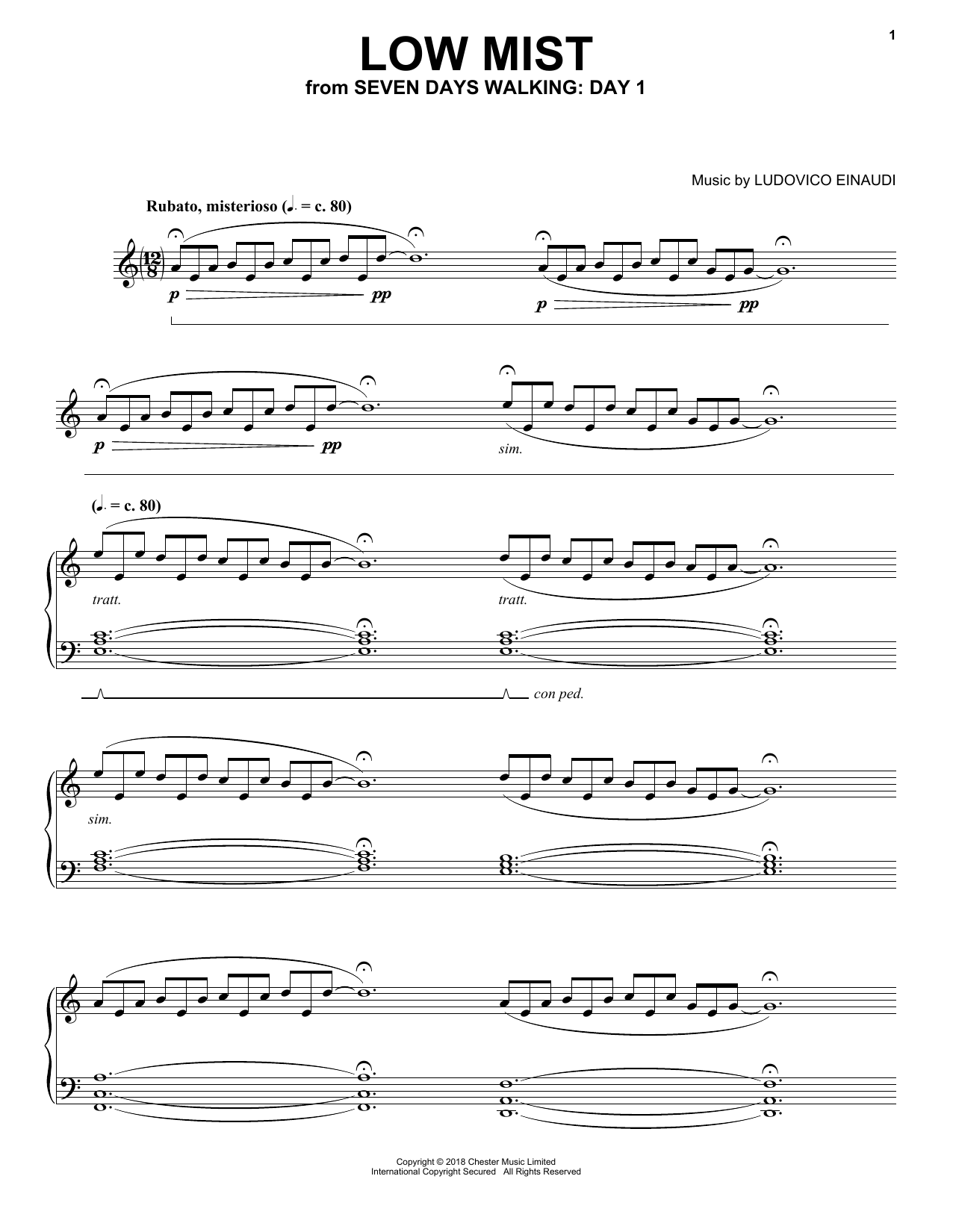 Ludovico Einaudi Low Mist (from Seven Days Walking: Day 1) sheet music notes and chords. Download Printable PDF.