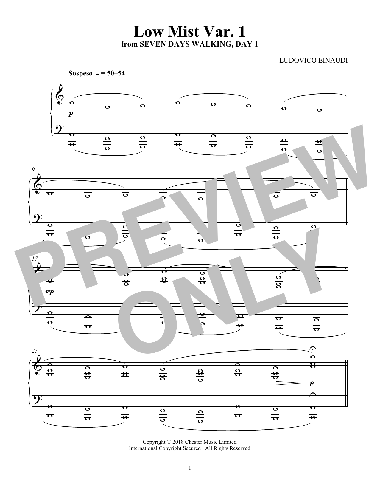 Ludovico Einaudi Low Mist Var. 1 (from Seven Days Walking: Day 1) sheet music notes and chords arranged for Piano Solo