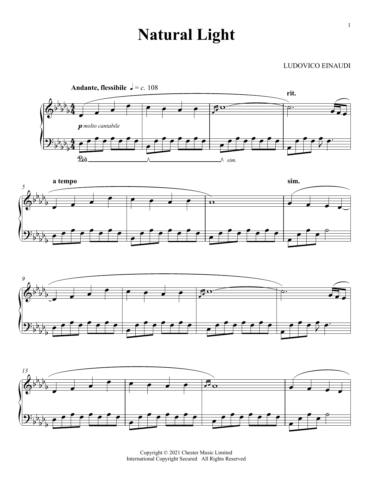 Ludovico Einaudi Natural Light sheet music notes and chords. Download Printable PDF.